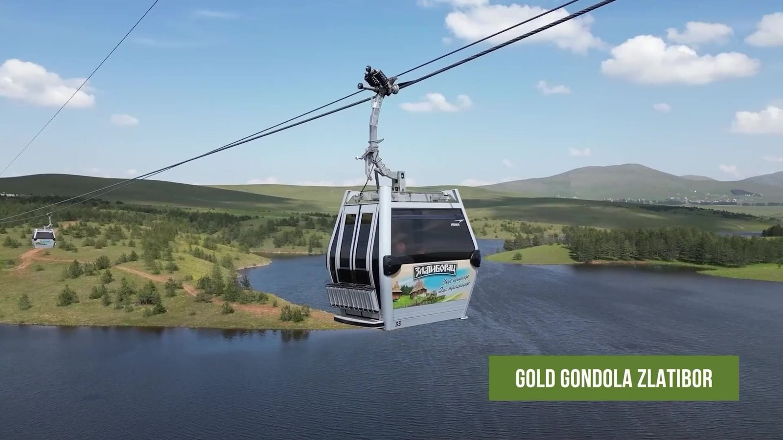 Gold Gondola cabin above a lake